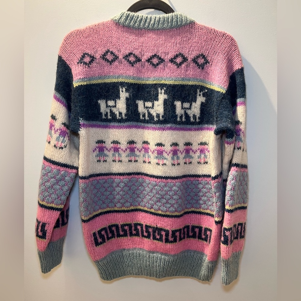 Vintage Hand Knit Mohair Sweater – Folk Art Animal Pattern Cozy Statement Knit - Picture 5 of 5